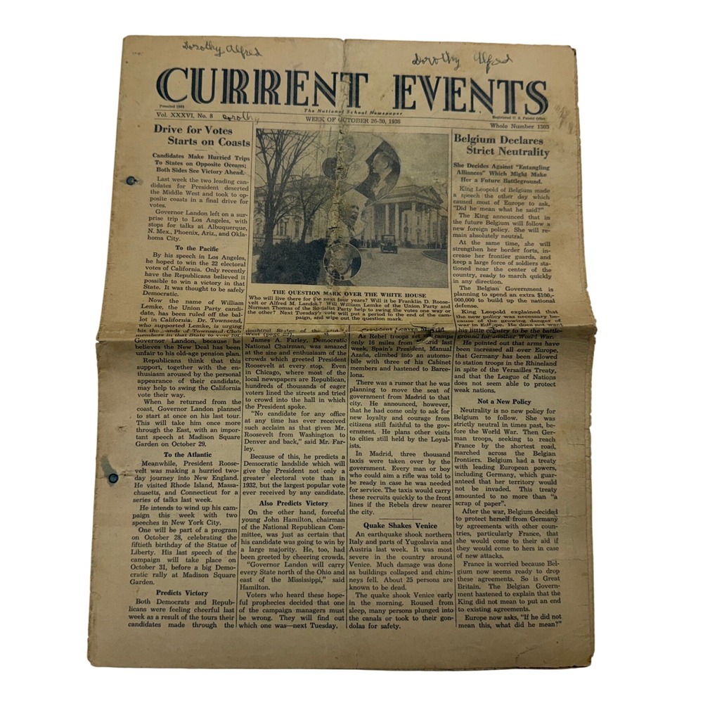 Vintage 1936 Current Events Newspaper Oct 26-30 FDR Election Belgium Neutrality